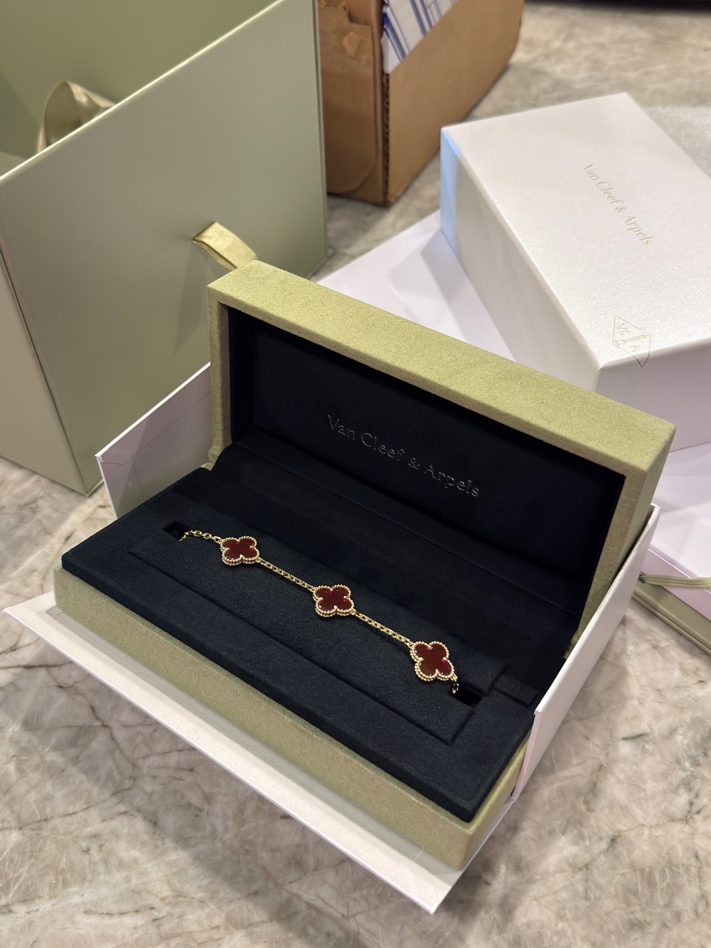 Van Cleef & Arpels 18K Gold & Pink Enamel Vintage Alhambra 5 Motifs Bracelet